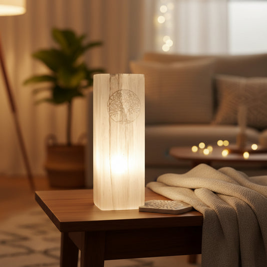 Selenite Block Lamp 25cm - Tree of Life