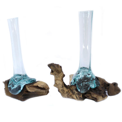 Molten Glass Vase on Driftwood | Handmade Balinese Art | 15.5x22x28cm | New