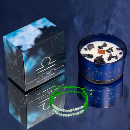 Libra Zodiac Crystal Candle with Gemstone Bracelet | Soy Wax | Green Aventurine Opal Rose Quartz | Wooden Crackle Wick | Peruvian Pyrite