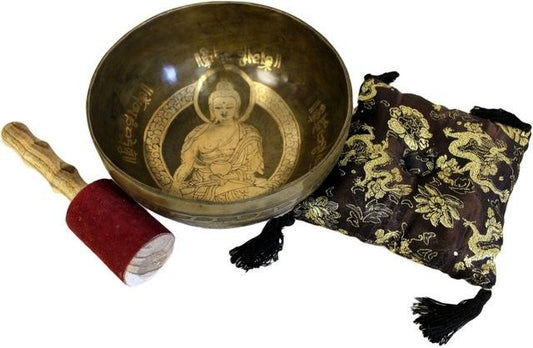 Golden Buddha Singing Bowl Set | Special Edition | A2 Note | 19cm | Brass | New