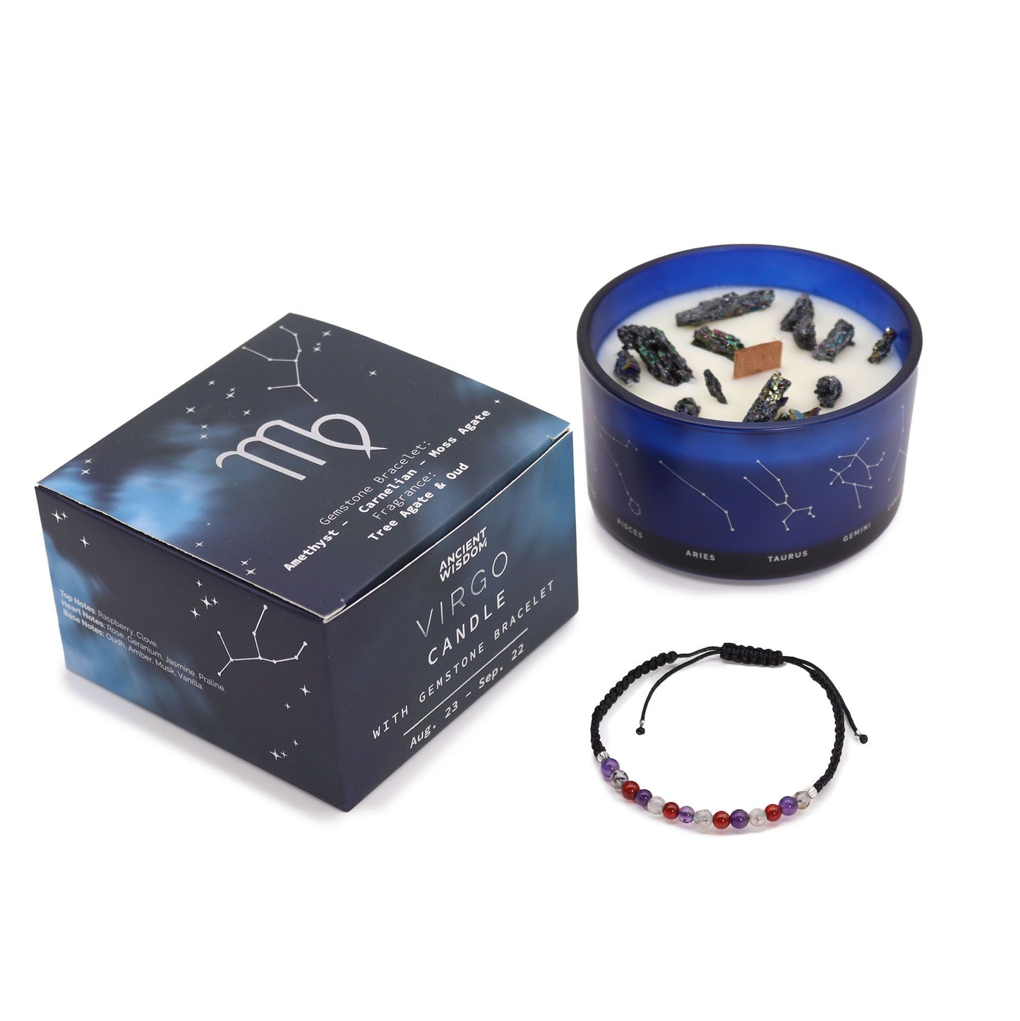 Virgo Birthday Zodiac Candle and Crystal Bracelet Gift Set | Soy Wax | Amethyst and Carnelian and Moss Agate