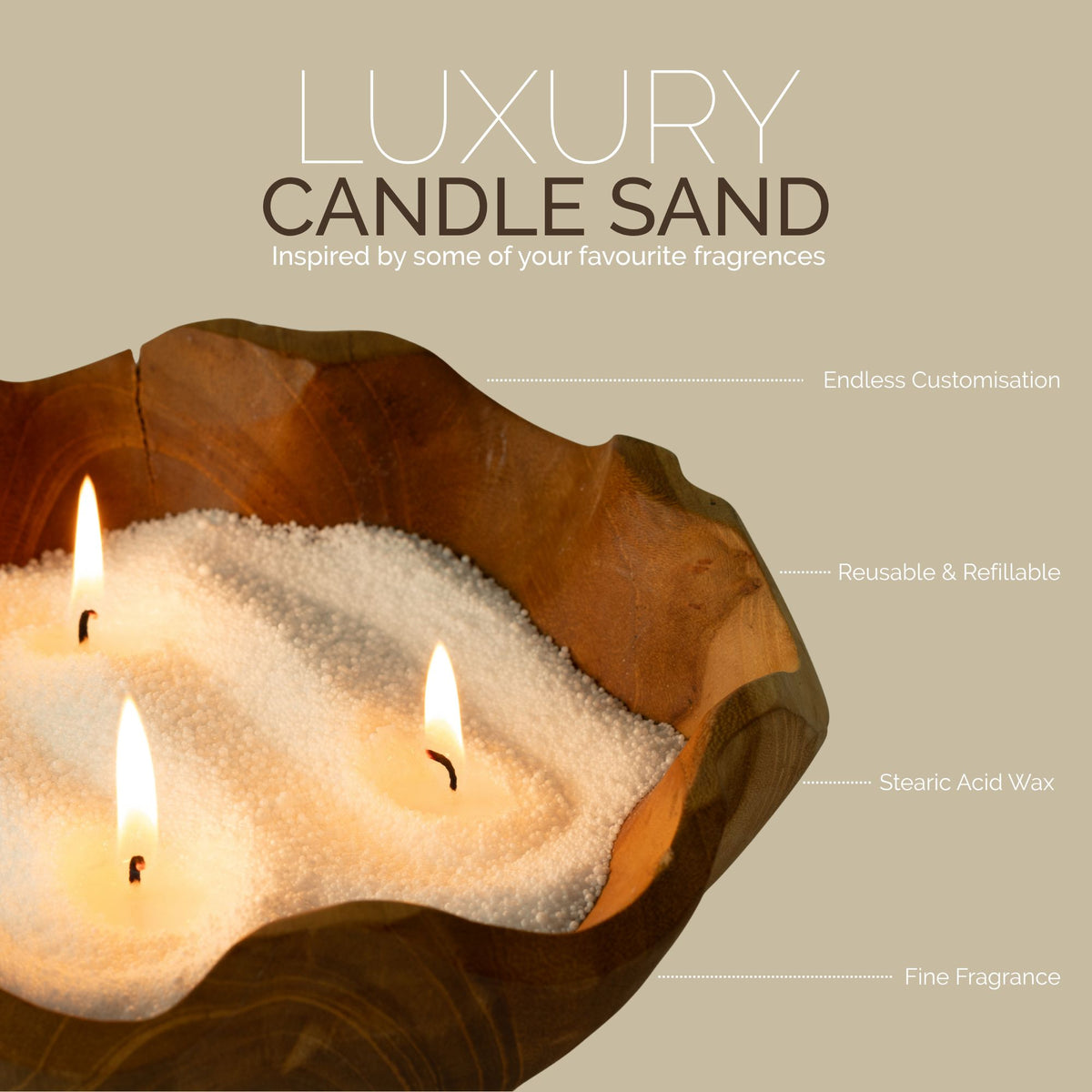 Unfragranced candle sand: feature graphic highlighting reusable, refillable, customisable use