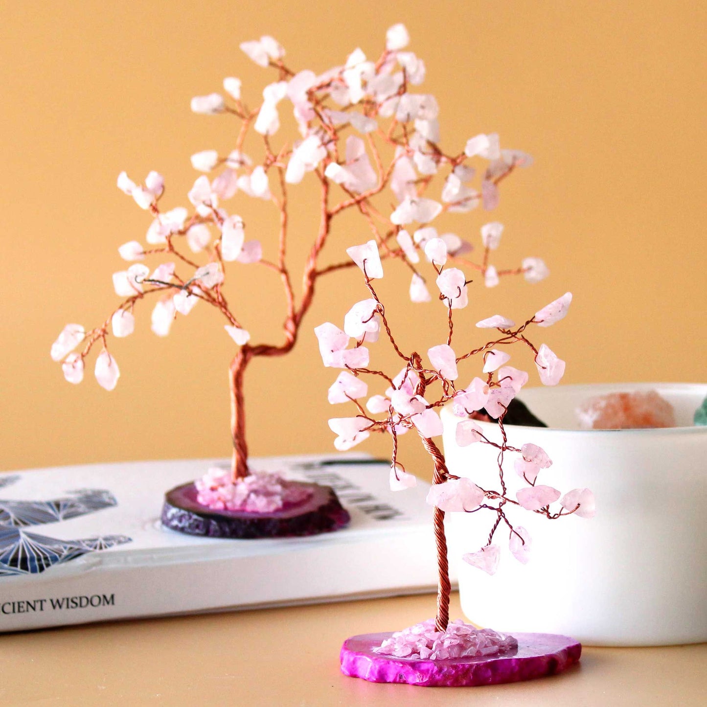 Rose Quartz Gemstone Tree on Pink Agate Base | 35 Stones | 7x4.5x10cm | New