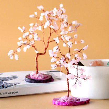 Rose Quartz Gemstone Tree on Pink Agate Base | 35 Stones | 7x4.5x10cm | New