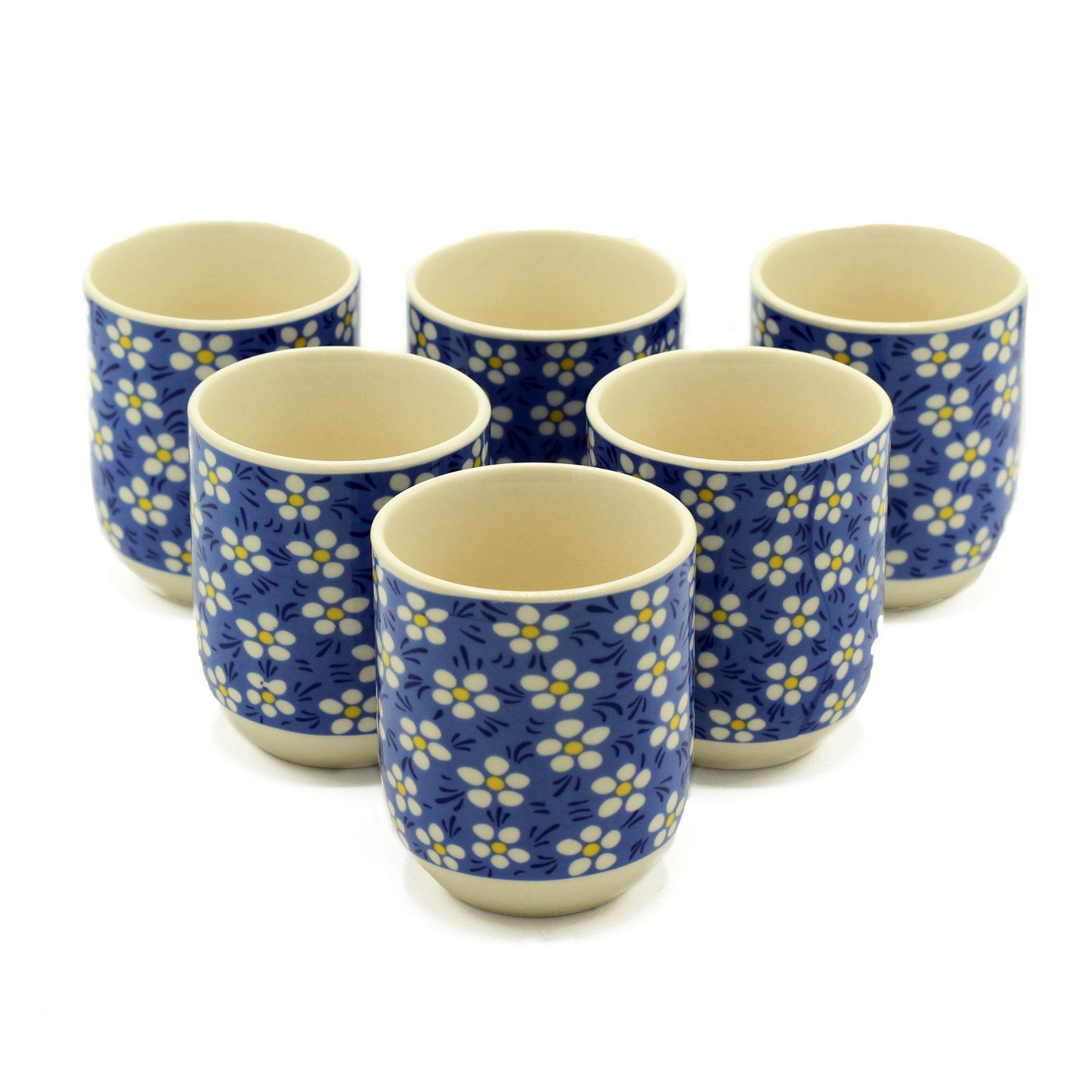 Herbal Tea Cup Set of 6 | Blue Daisy Ceramic | 6.5x8cm | Artisan Teaware | Tea Lover Gift