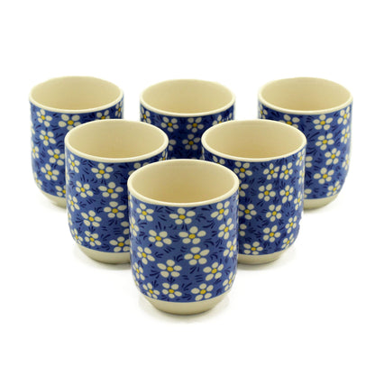 Herbal Tea Cup Set of 6 | Blue Daisy Ceramic | 6.5x8cm | Artisan Teaware | Tea Lover Gift