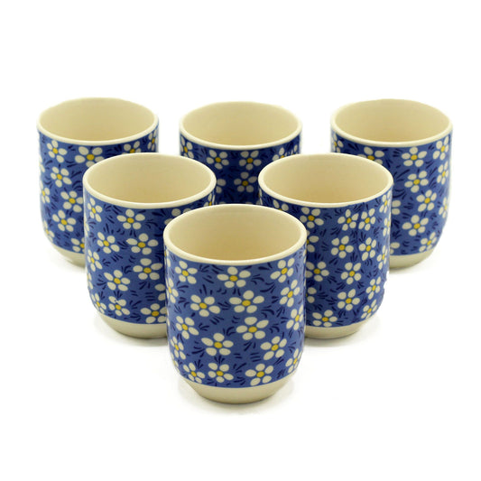 Herbal Tea Cup Set of 6 | Blue Daisy Ceramic | 6.5x8cm | Artisan Teaware | Tea Lover Gift