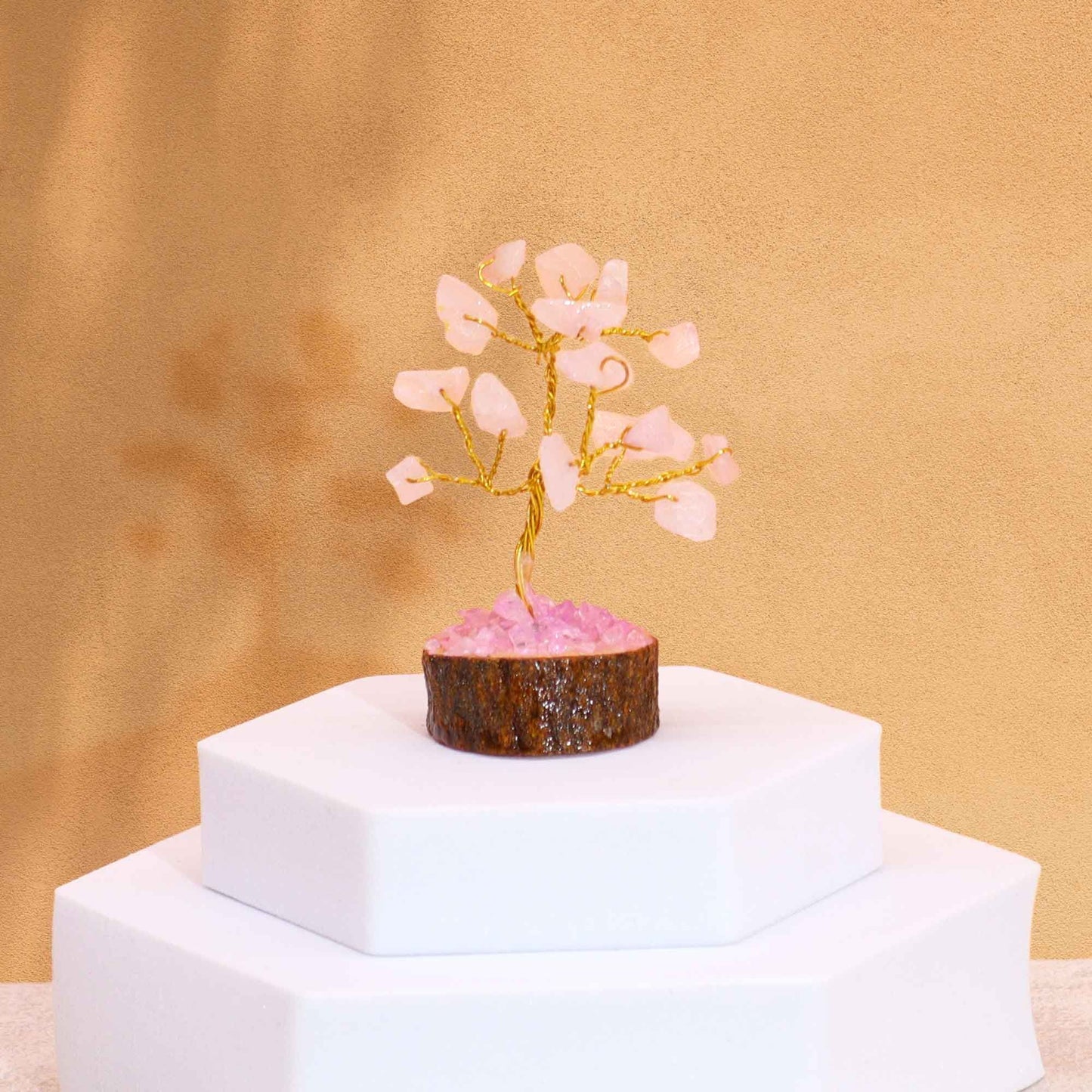Mini Rose Quartz Gemstone Tree on Wood Base | 15 Stones | 4x3x6cm | New
