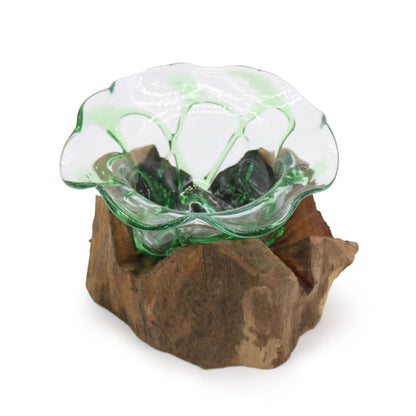 Recycled Beer Bottle Large Fancy Sweet Bowl on Driftwood | Handmade Recycled Glass | 17x14x19cm | New