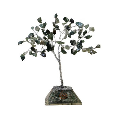 Moss Agate Gemstone Tree with Orgonite Base | 80 Stones | 7x7x15cm | New