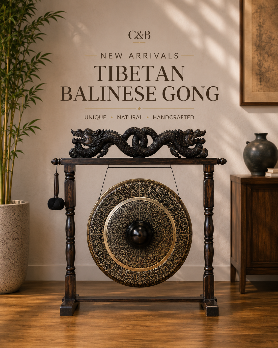 Balinese Healing Gong on Carved Stand | Large | 80cm | Black Pattern | Dragon Stand | New