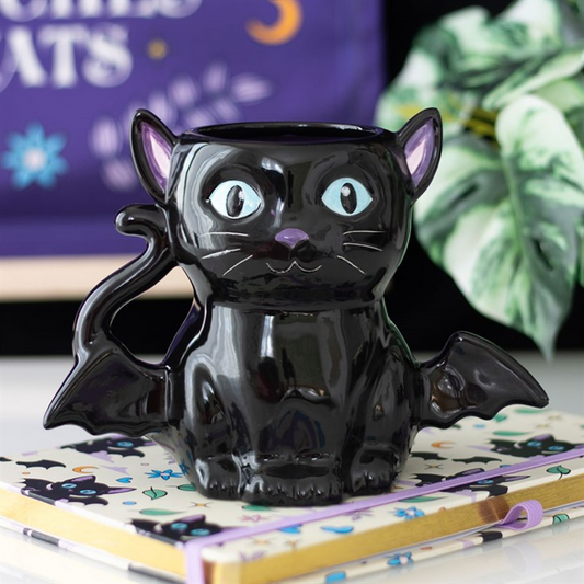 Black Cat Bat Wings Ceramic Mug 500ml | Spooky Halloween Cat Gift | Novelty Mug for Cat Lovers