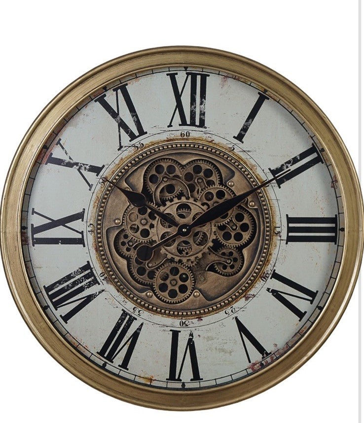 Large Skeleton Wall Clock | Moving Cogs & Gears | 26" Gold Distressed Venetian | Silent Sweep Quartz | Roman Numerals