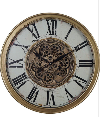Large Skeleton Wall Clock | Moving Cogs & Gears | 26" Gold Distressed Venetian | Silent Sweep Quartz | Roman Numerals