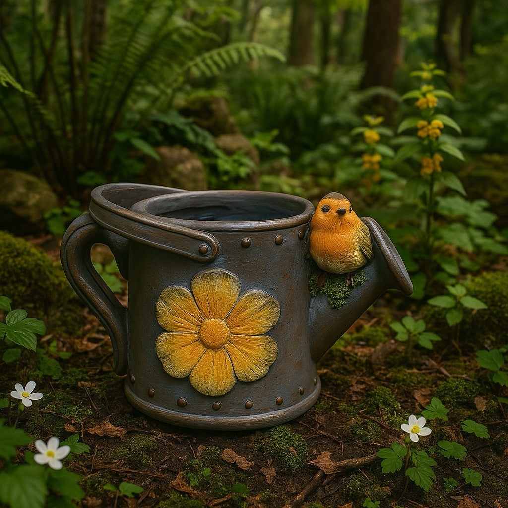 Vivid Arts Robin on Watering Can Planter with Leaf | Resin Garden Ornament | Frost Resistant