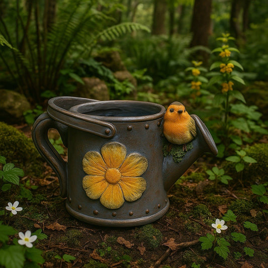 Vivid Arts Robin on Watering Can Planter with Leaf | Resin Garden Ornament | Frost Resistant