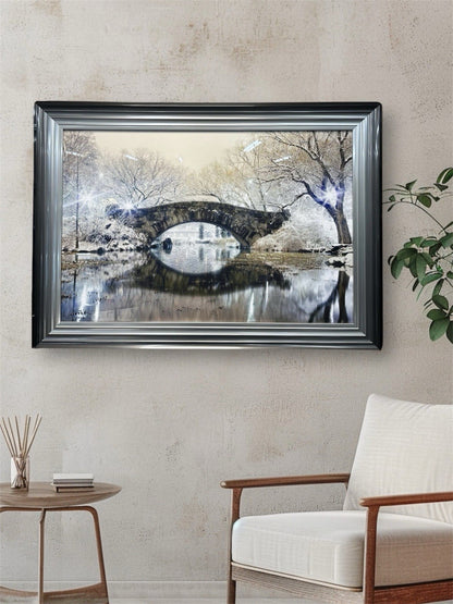 New York Central Park Bridge Glass Liquid Art Picture | Diamante Crystals | 104cm × 74cm | High Gloss | UK Made