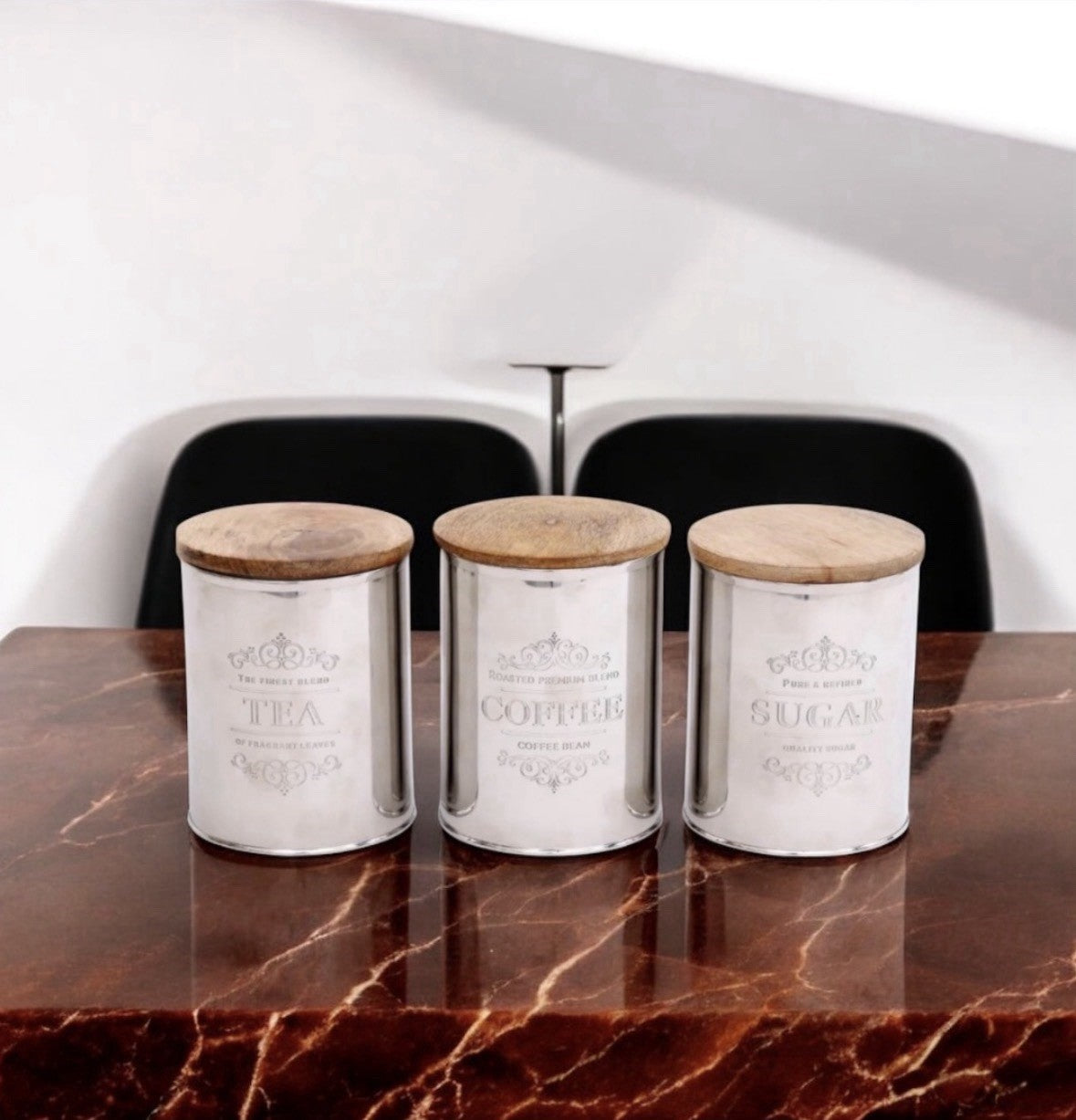 Tea Coffee Sugar Canister Set of 3 | Stainless Steel & Mango Wood | Airtight | 15cm | Kitchen Gift Set