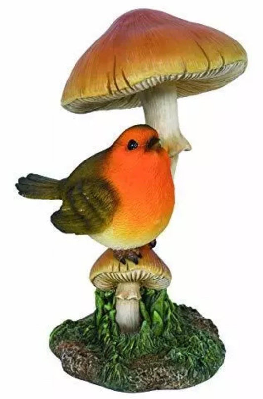 Vivid Arts Robin on Toadstool Resin Ornament | Brown & Red | MPN BG-RB03-F | Home or Garden Decoration