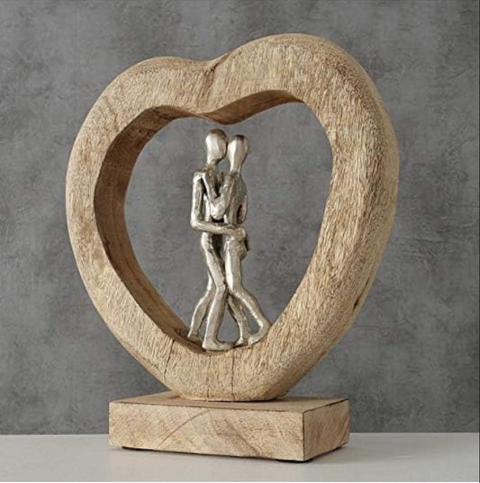 Handmade Couple Figurine Heart Sculpture | Mango Wood & Aluminium Silver | 30cm × 28cm | Home Décor