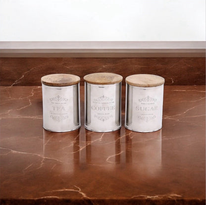 Tea Coffee Sugar Canister Set of 3 | Stainless Steel & Mango Wood | Airtight | 15cm | Kitchen Gift Set