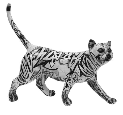 Graffiti Art Monochrome Cat Figurine | Black & White Resin Sculpture | 30cm | Contemporary Home Décor