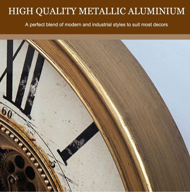 Large Skeleton Wall Clock | Moving Cogs & Gears | 26" Gold Distressed Venetian | Silent Sweep Quartz | Roman Numerals