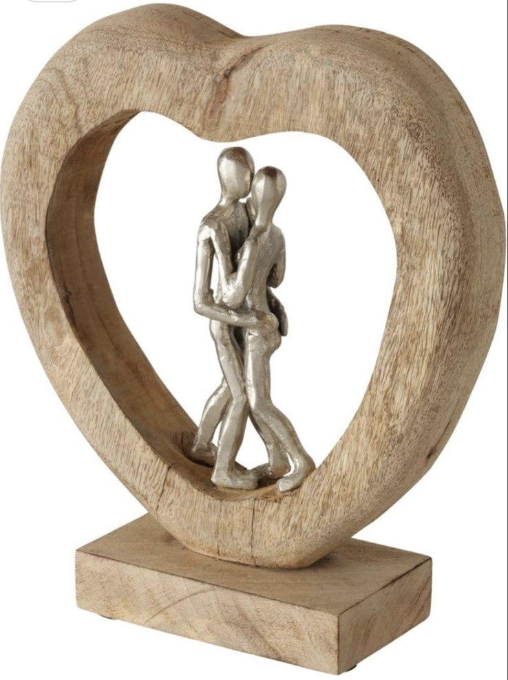 Handmade Couple Figurine Heart Sculpture | Mango Wood & Aluminium Silver | 30cm × 28cm | Home Décor