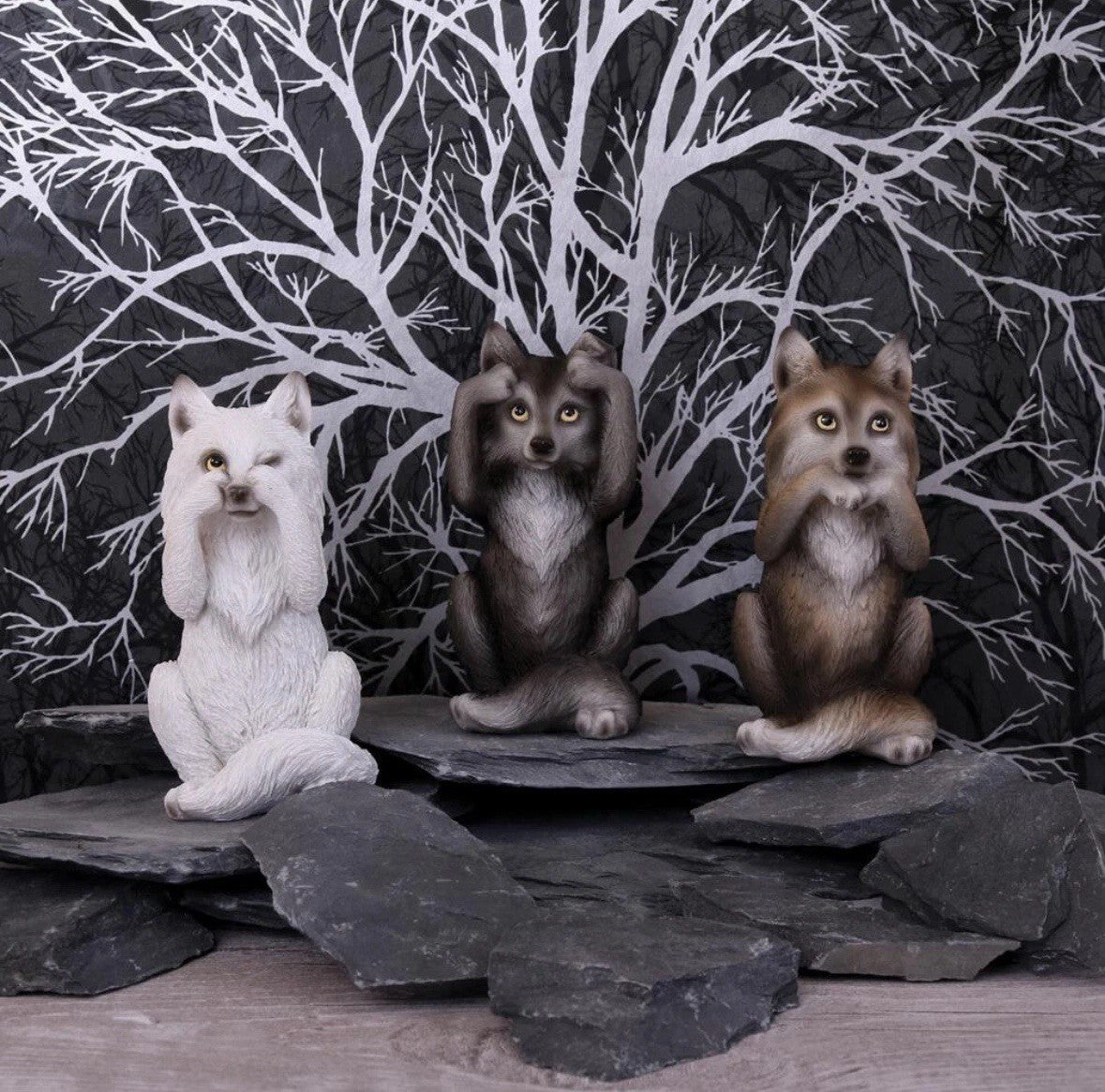 Nemesis Now Three Wise Wolves Figurine Set 10cm | See Hear Speak No Evil | Wolf Lover Gift