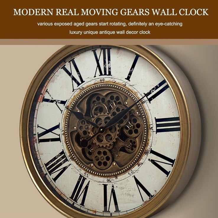 Large Skeleton Wall Clock | Moving Cogs & Gears | 26" Gold Distressed Venetian | Silent Sweep Quartz | Roman Numerals