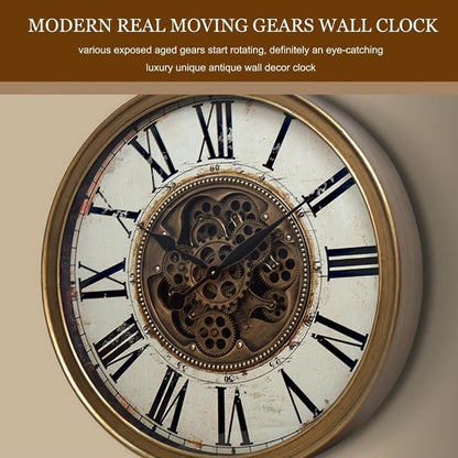 Large Skeleton Wall Clock | Moving Cogs & Gears | 26" Gold Distressed Venetian | Silent Sweep Quartz | Roman Numerals