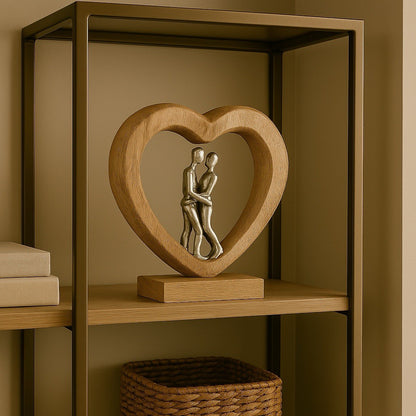 Handmade Couple Figurine Heart Sculpture | Mango Wood & Aluminium Silver | 30cm × 28cm | Home Décor