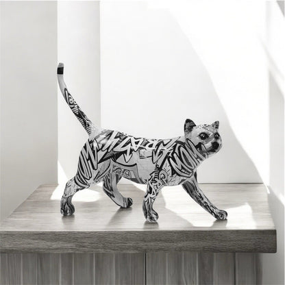 Graffiti Art Monochrome Cat Figurine | Black & White Resin Sculpture | 30cm | Contemporary Home Décor