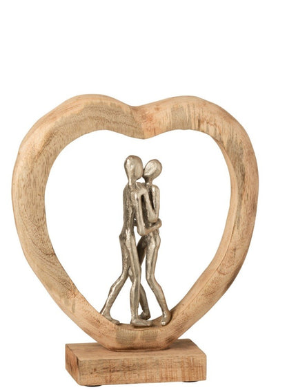 Handmade Couple Figurine Heart Sculpture | Mango Wood & Aluminium Silver | 30cm × 28cm | Home Décor