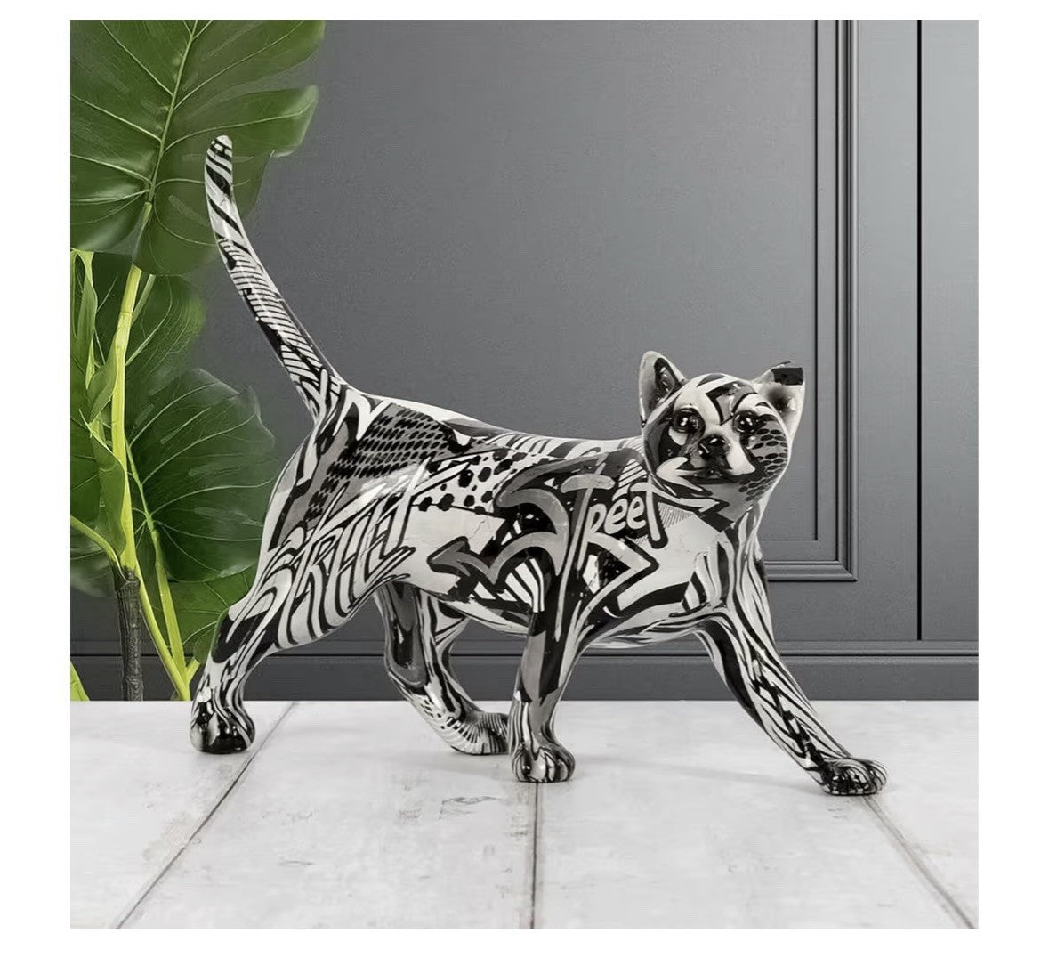Graffiti Art Monochrome Cat Figurine | Black & White Resin Sculpture | 30cm | Contemporary Home Décor