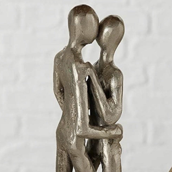 Handmade Couple Figurine Heart Sculpture | Mango Wood & Aluminium Silver | 30cm × 28cm | Home Décor