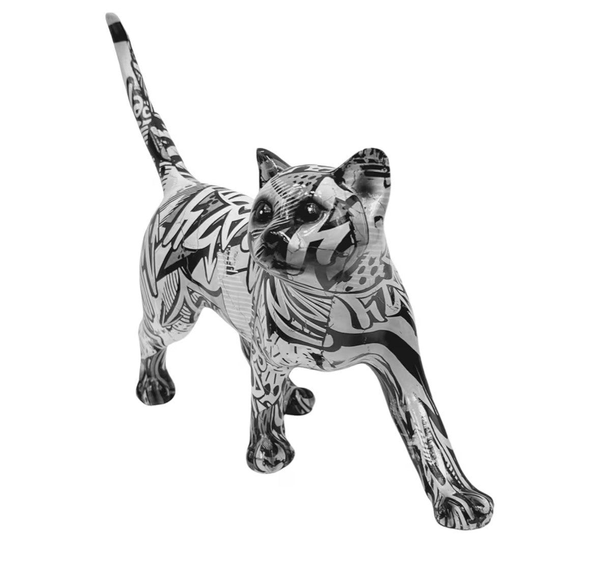 Graffiti Art Monochrome Cat Figurine | Black & White Resin Sculpture | 30cm | Contemporary Home Décor