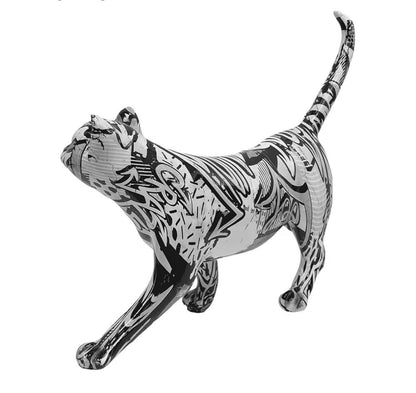 Graffiti Art Monochrome Cat Figurine | Black & White Resin Sculpture | 30cm | Contemporary Home Décor