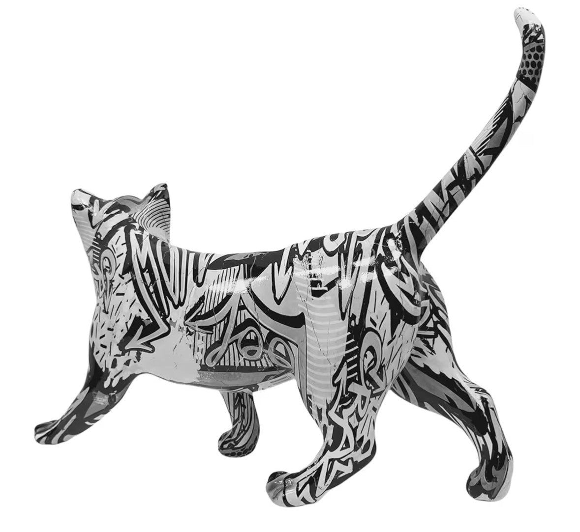 Graffiti Art Monochrome Cat Figurine | Black & White Resin Sculpture | 30cm | Contemporary Home Décor
