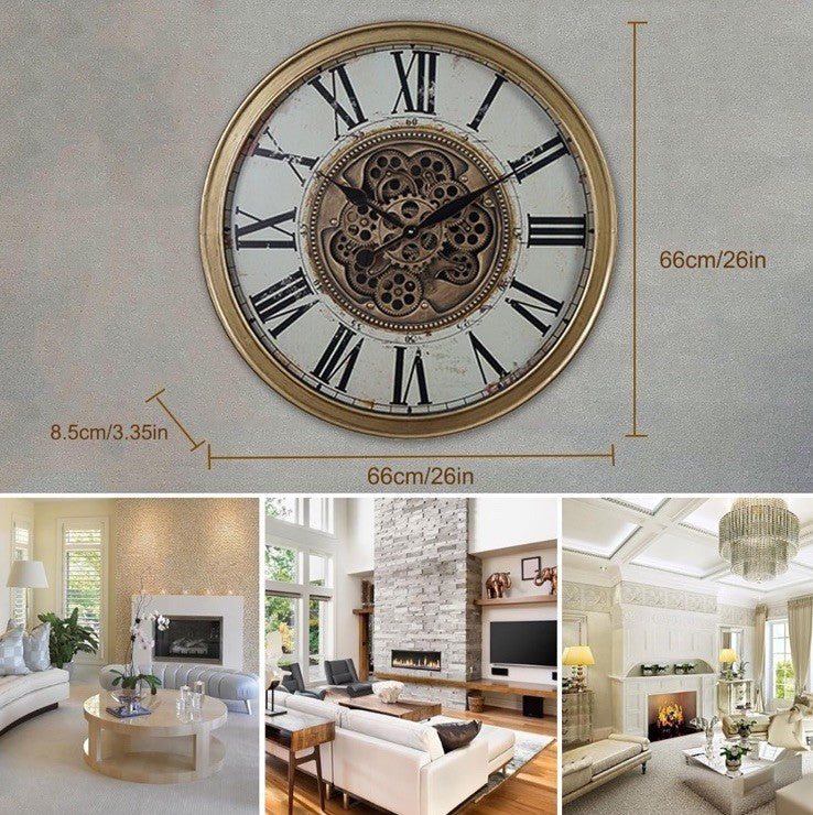 Large Skeleton Wall Clock | Moving Cogs & Gears | 26" Gold Distressed Venetian | Silent Sweep Quartz | Roman Numerals