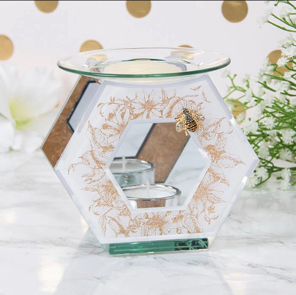 3D Metal Bee Wax Melt Burner & Tealight Holder 14cm | Gold Aroma Crystal | Beautiful Bee Gift
