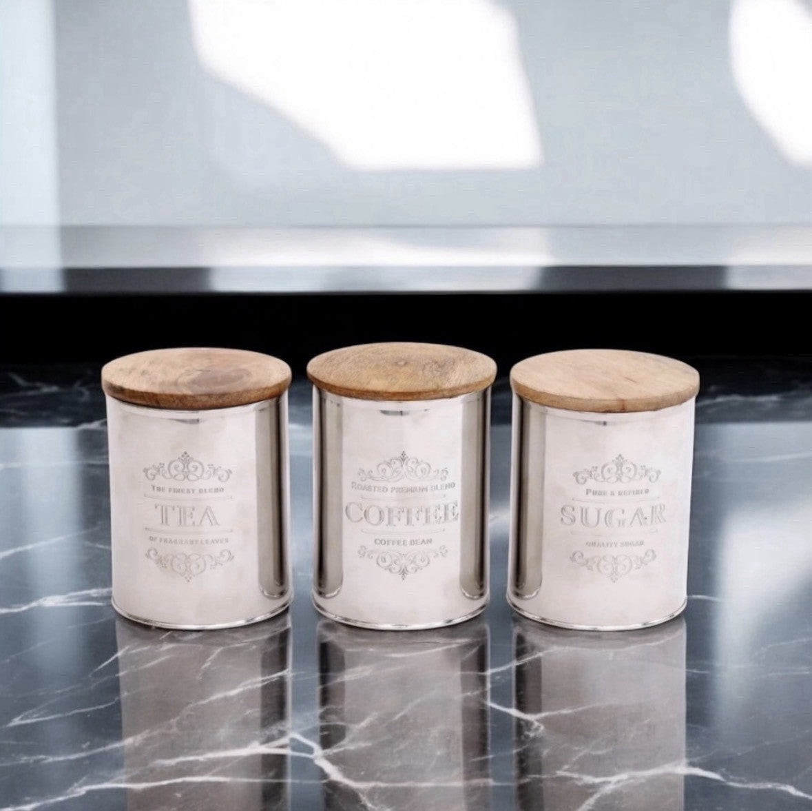 Tea Coffee Sugar Canister Set of 3 | Stainless Steel & Mango Wood | Airtight | 15cm | Kitchen Gift Set