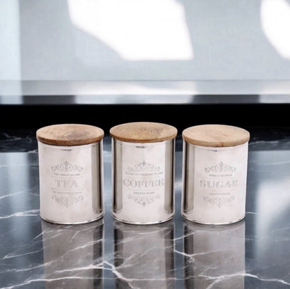 Tea Coffee Sugar Canister Set of 3 | Stainless Steel & Mango Wood | Airtight | 15cm | Kitchen Gift Set