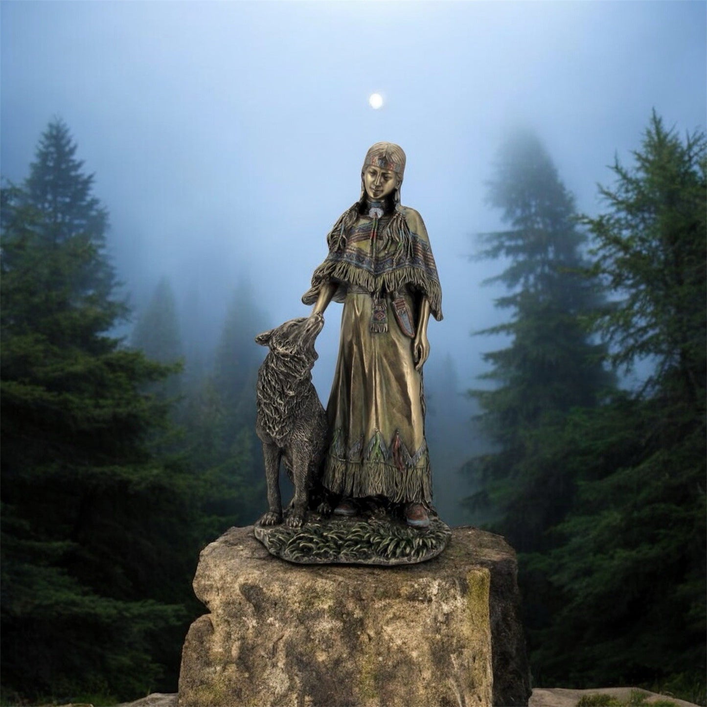 Nemesis Now Native American Woman with Wolf Bronze Resin Figurine 30cm | Historical Sculpture G1996F66