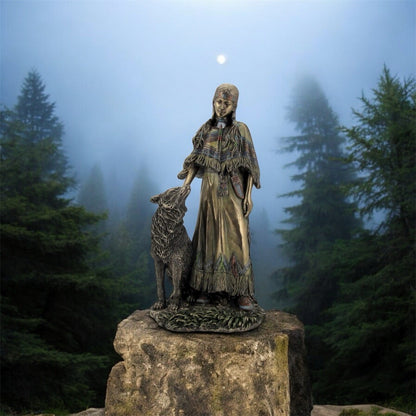 Nemesis Now Native American Woman with Wolf Bronze Resin Figurine 30cm | Historical Sculpture G1996F66