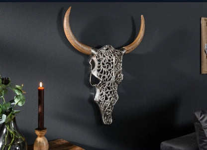 Buffalo Bull Skull Wall Art 57cm | Aluminium & Mango Wood Wall Mounted Head Sculpture