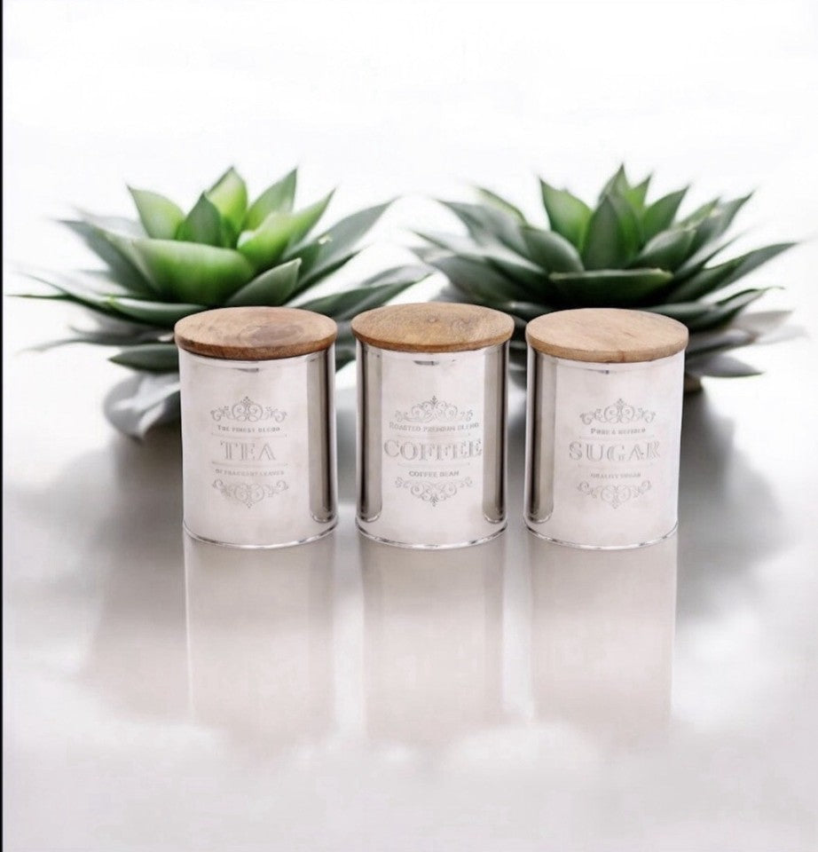 Tea Coffee Sugar Canister Set of 3 | Stainless Steel & Mango Wood | Airtight | 15cm | Kitchen Gift Set