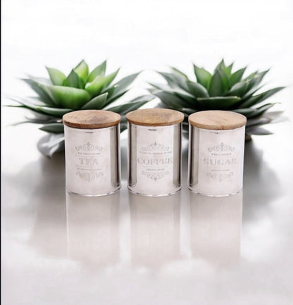 Tea Coffee Sugar Canister Set of 3 | Stainless Steel & Mango Wood | Airtight | 15cm | Kitchen Gift Set