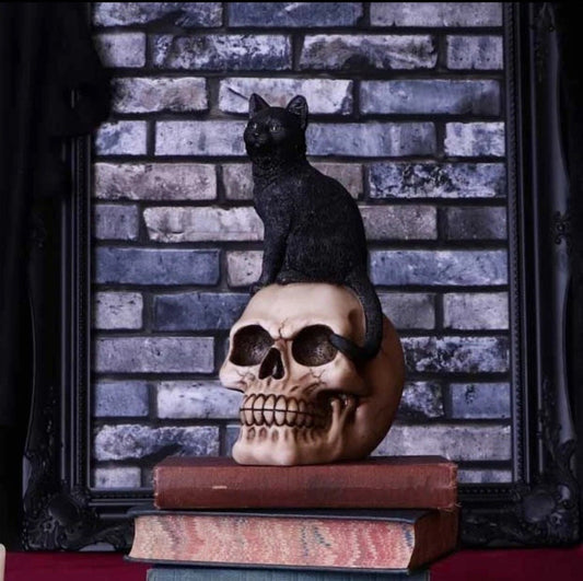 Nemesis Now Familiar Fate Cat & Skull Figurine 24.3cm | Gothic Wiccan Gift | Black Cat Skull Ornament