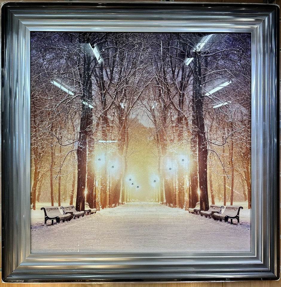 iquid Crystal Glass Wall Art | Snowy Park Scene | Crystal Embellishment | 85cm × 85cm Square